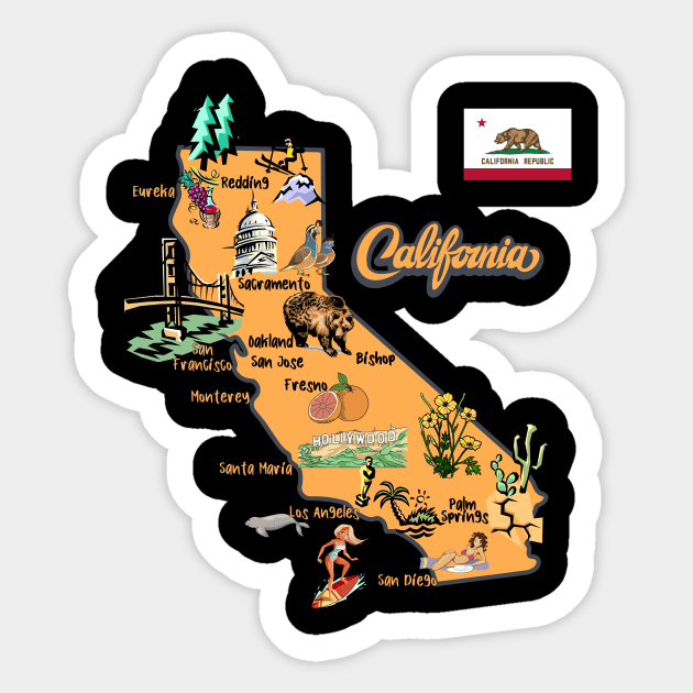 Illustrated map of California, attractions, landmarks, the major cities, USA Sticker by Mashmosh